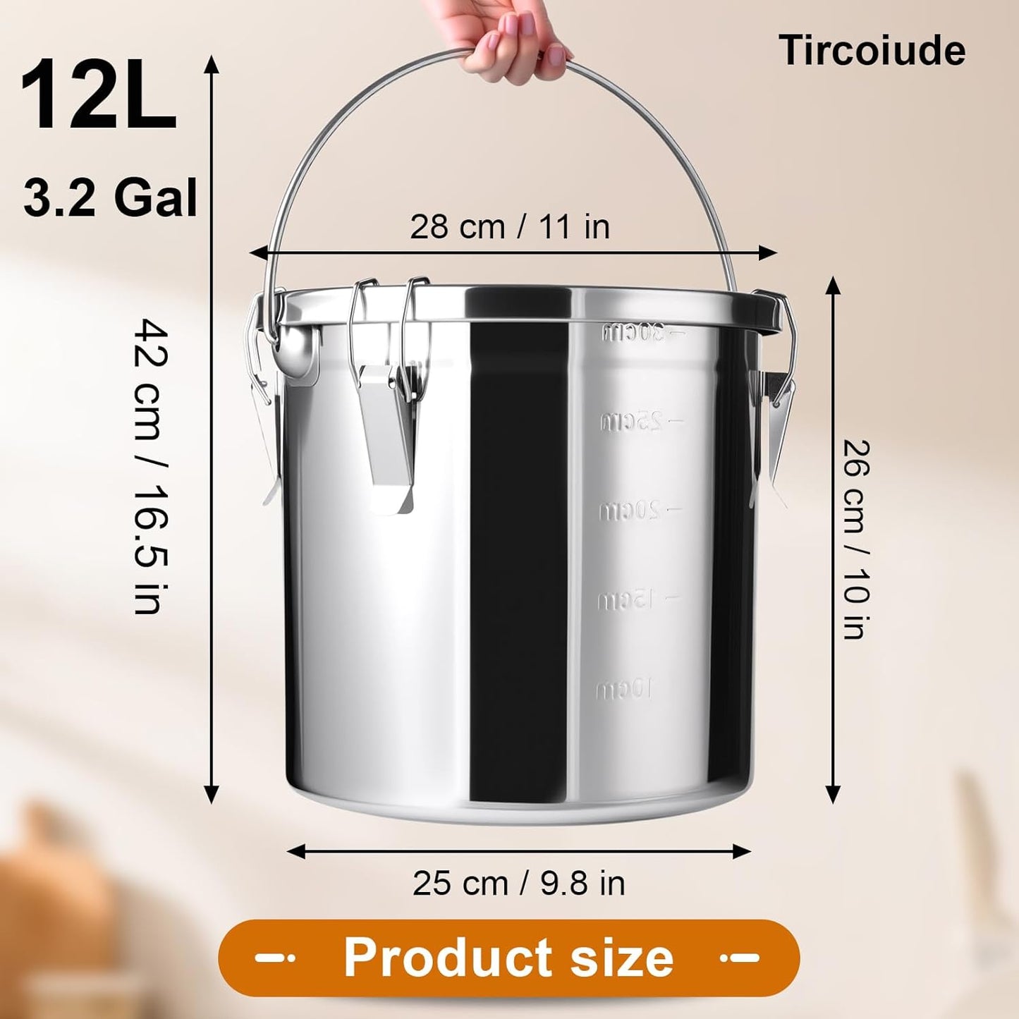 304 Stainless Steel Airtight Canister, 12L/3.1 Gal Food Storage Containers with Lids and 4 Locking Clamp for Bean Flour Oil Sugar Milk Storager Bucket (Handheld)