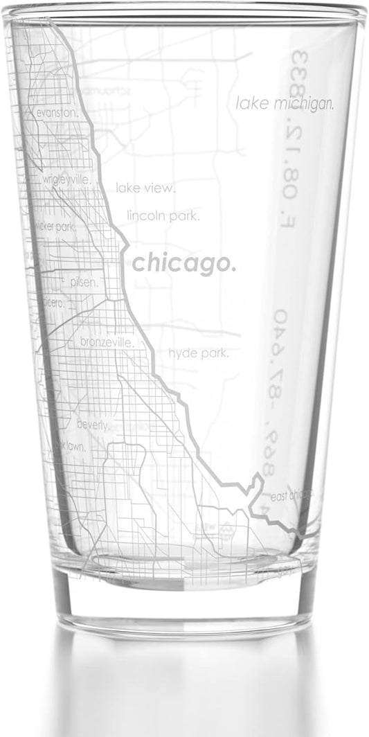 Well Told Engraved Chicago Illinois Map Pint Glass, Etched Beer Gift (16 oz, Clear) City Map Pint, Custom City Glassware, Gifts For Beer Lovers