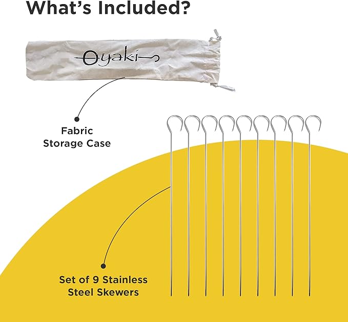 O-Yaki Flat Metal Kabob Skewer for Grilling – Set of 8 BBQ Skewers Stainless Steel with Storage Bag, Dishwasher Safe Skewers with Hook Handle & Sharp Tip for Outdoor BBQ, Cookouts & Oven Use – 8 Inch