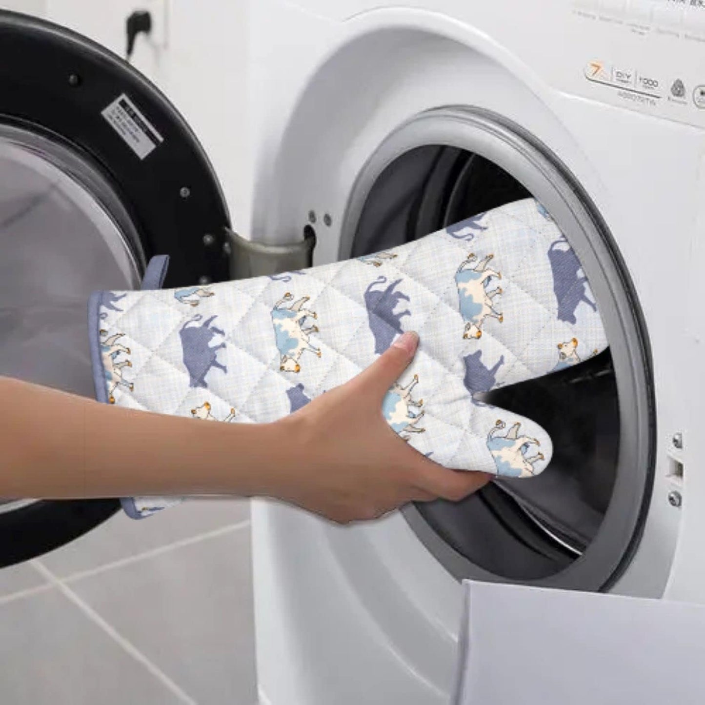 Oven Mitts Cotton Fashion Cute Cow Design 1pair Heat Resistant Oven Gloves Safe Cooking Baking Grilling Barbecue Machine Washable Pot Holders (Cow)