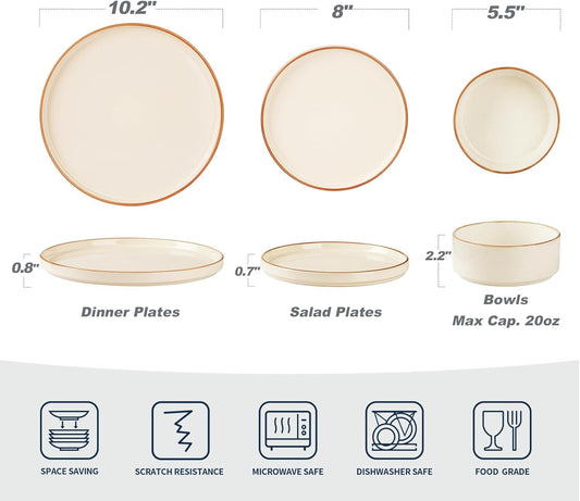 Famiware Nebula Plates and Bowls Sets for 4, 12 Pieces Stoneware Dinnerware Set, Microwave and Dishwasher Safe Dishes Set, Vanilla White with Brown Rim