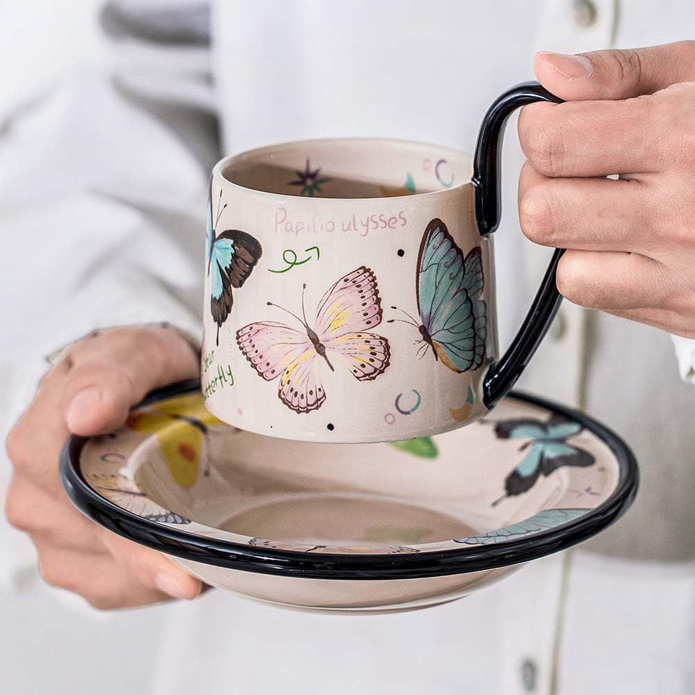 JIDOC Ceramics Dream Shadow Butterfly 210ml/7.1oz Cappuccino Mug Set,Coffee Mug Set,Dishwasher and Microwave Safe Ceramic,Ideal for Cappuccino, Espresso, Latte, Tea