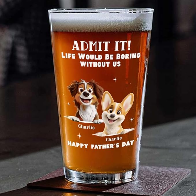 Wrappiness Best Mom Dad Logo Personalized Custom Beer Glass - 16oz Glassware for Beer Soda Cocktails - Gift for Dog Lovers, Father's Day, Birthday Gift for Parents (B07, 2 Dogs)
