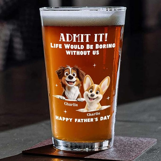 Wrappiness Best Mom Dad Logo Personalized Custom Beer Glass - 16oz Glassware for Beer Soda Cocktails - Gift for Dog Lovers, Father's Day, Birthday Gift for Parents (B07, 2 Dogs)