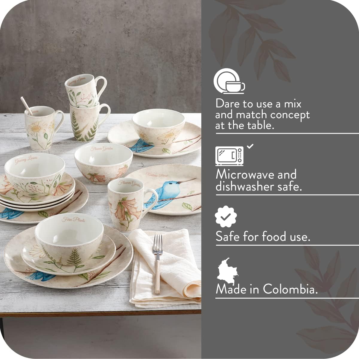 Corona 16–piece Birds Nature Garden Inspired Ceramic Dinnerware Sets | Plates Bowls and Mugs | Service For 4 | Lovely Garden