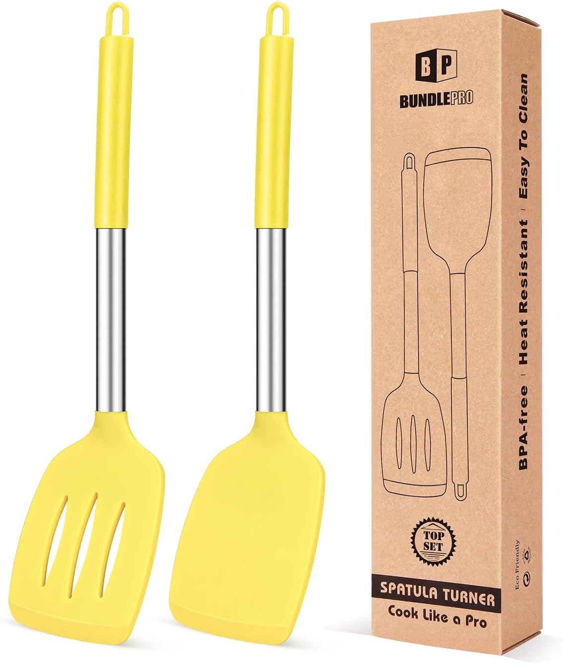Pack of 2 Silicone Solid Turner, Non Stick Slotted Kitchen Spatulas, High Heat Resistant BPA Free Cooking Utensils, Ideal Cookware for Fish, Eggs, Pancakes(Yellow)