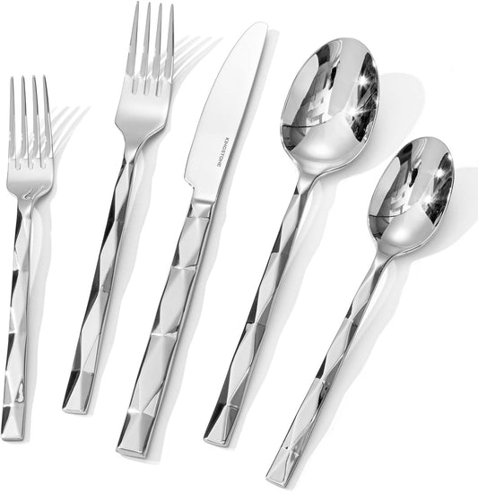 KINGSTONE Silverware Set, Luxury 30 Piece Flatware Set for 6, 18/10 Stainless Steel Cutlery Set with Diamond Cut Pattern for Kitchen, Home, Wedding, Party, Mirror Polished and Dishwasher Safe