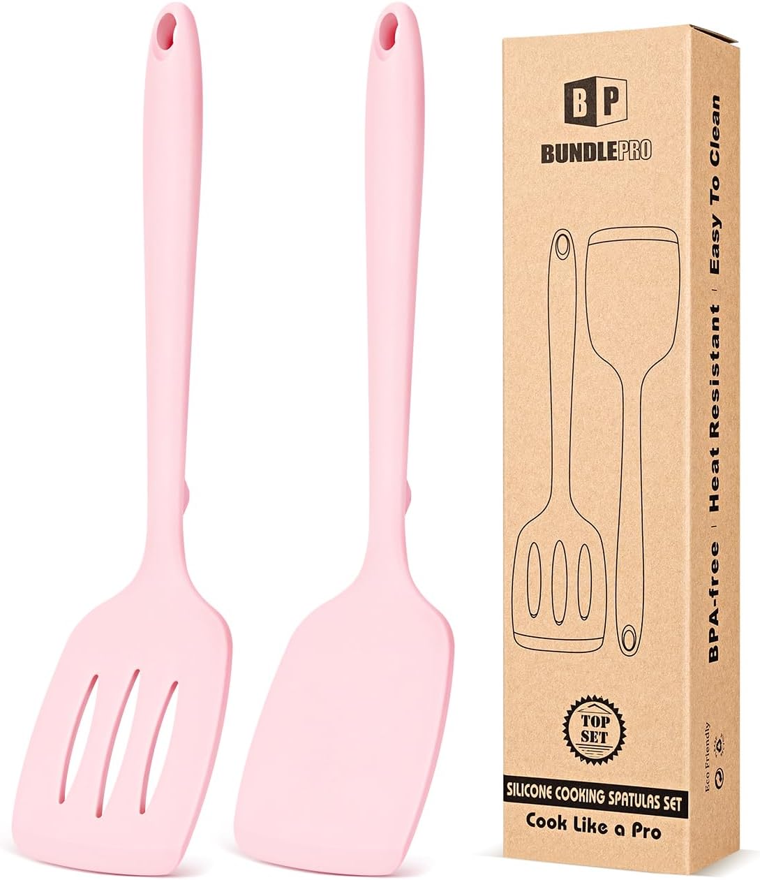 Pack of 2 Silicone Spatula Turners, Non Stick Slotted Kitchen Spatula Set, Heat Resistant BPA Free Kitchen Utensils, One-Piece Design, Suitable for Flipping Fish, Eggs, Steak, Pancakes (PINK)