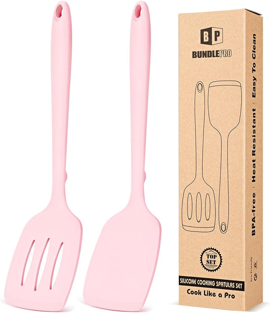 Pack of 2 Silicone Spatula Turners, Non Stick Slotted Kitchen Spatula Set, Heat Resistant BPA Free Kitchen Utensils, One-Piece Design, Suitable for Flipping Fish, Eggs, Steak, Pancakes (PINK)