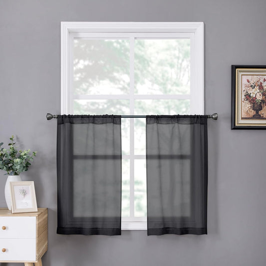 Tollpiz Sheer Tier Curtains Kitchen Linen Textured Half Curtain Sheers Light Filtering Rod Pocket Voile Bathroom Short Curtains for Farmhouse, 25 x 30 inches Long, Black, Set of 2 Panels