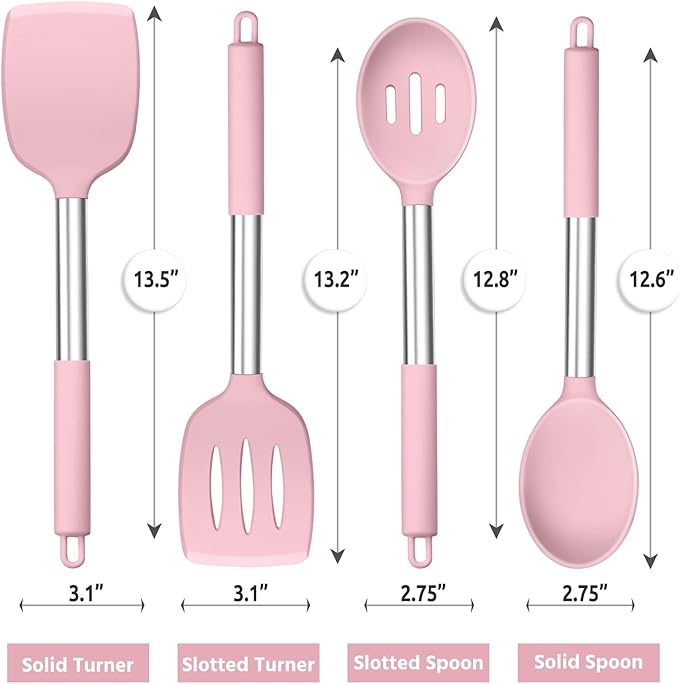 E-far Cooking Utensils Set of 4, Silicone Kitchen Utensils for Non-stick Cookware, Heat Resistant & Non-toxic Slotted Spatula Solid Spoon Turner for Flipping Mixing Serving Basting(Pink)