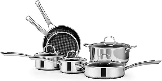 Bonnlo 11 Pieces Cookware Set, 3-Ply Stainless Steel Pots and Pans Set with Lids, Non-Toxic Kitchen Set, Oven & Dishwasher Safe, Induction Cooking Set, PFOA & PTFE Free (10 Nonstick Set)
