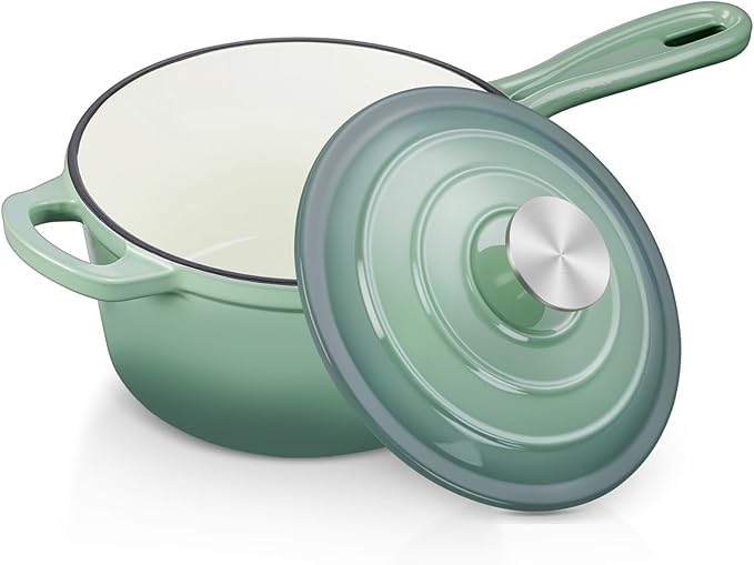 2 Quart Saucepan with Lid, Leonyo Enameled Cast Iron Sauce Pan, Enamel Dutch Oven Kitchen Cookware for All Cooktops Making Pasta Sauce, Oatmeal - Up to 500°F & 6.7Lbs, Pistachio Green