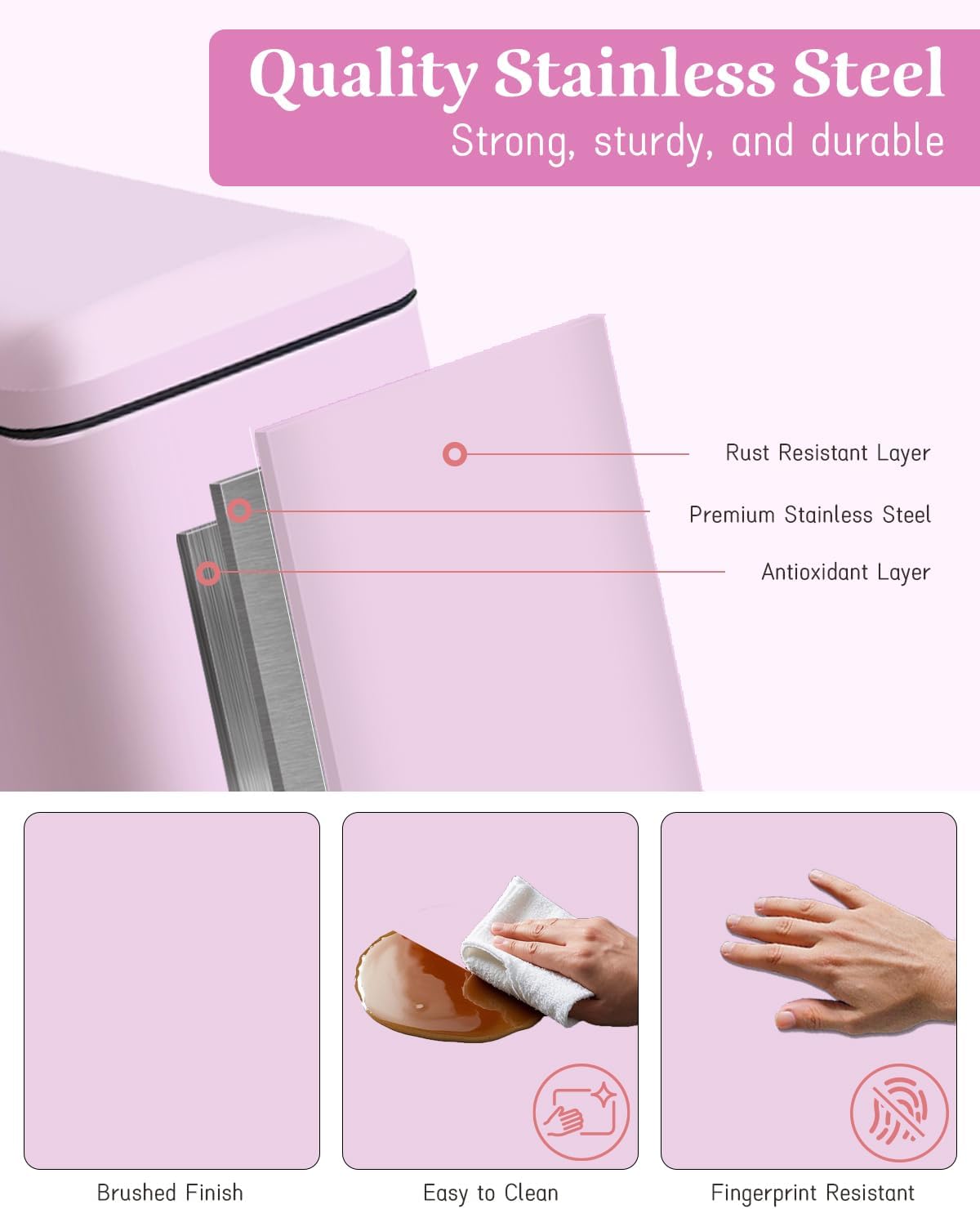 Bathroom Trash Can, 10L/2.6 Gallon Stainless Steel Slim Garbage Can, Pedal Trash Bin with Removable Liner Bucket, Soft Close Lid, Rectangle Trash Bin for Office, Kitchen, Bedroom, Pink