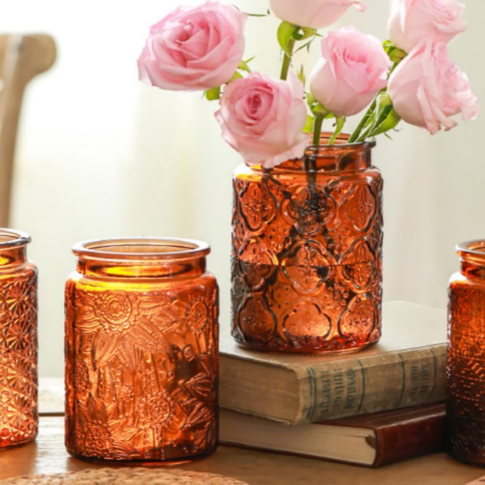 ANSQU Vintage Glass Kitchen Storage Counter Jar, Candy Jars with Lids, Coffee Container for Ground Coffee, Mason Jar Hold Coffee Beans, Tea, Sugar, Bath Salts & More, 23.7 FL OZ (Light Brown, 1Pack)