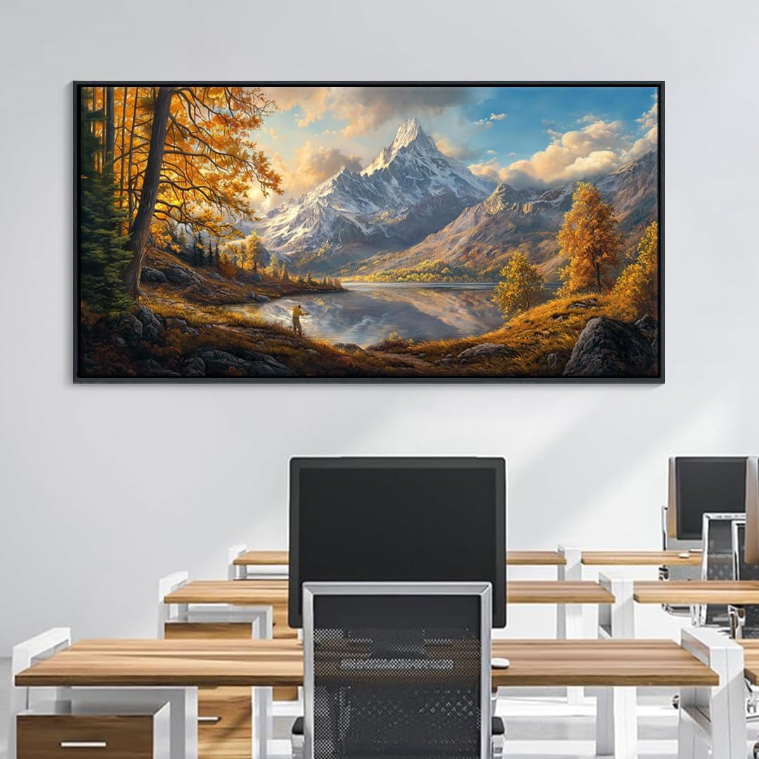 YCPRIMER Fall Canvas Wall Art - Large Mountain Lake Paintings Wall Decor, Panoramic Artwork for Walls, Pictures for Living Room Bedroom Dining Room, Ready to Hang, 24Lx48W