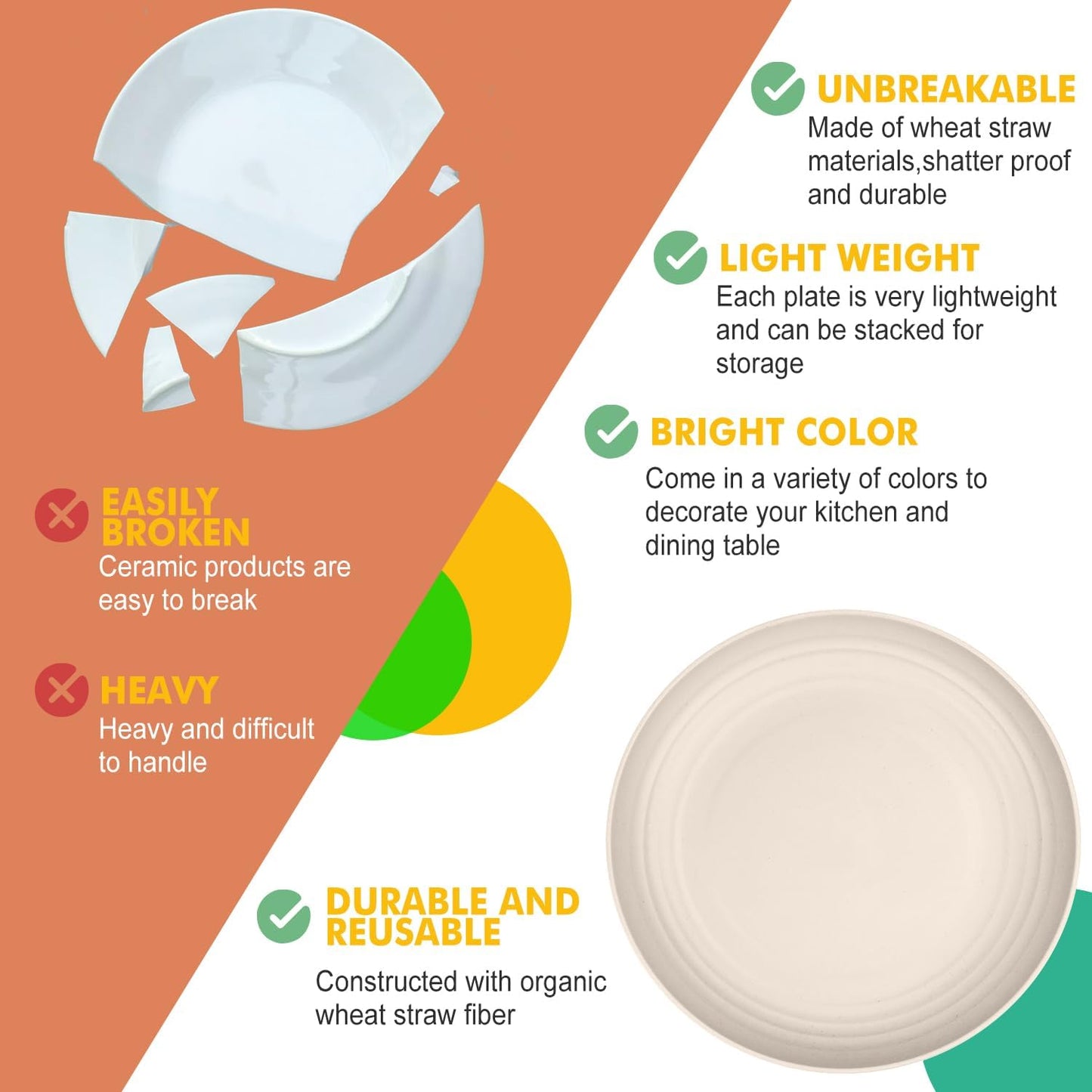 Homienly Wheat Straw Dinner Plates Set of 8, Unbreakable, Dishwasher & Microwave Safe, Modern Style, 9 inch, Beige