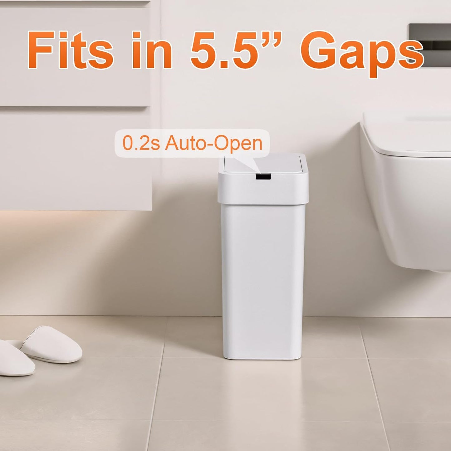 9L/2.4Gal Touchless Bathroom Trash Can, 0.2s Motion Sensor Auto-Close, IPX5 Waterproof Slim Design for Kitchen/Office, Silent & Space-Saving
