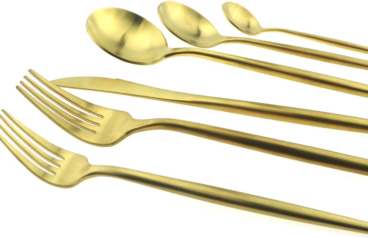 Gugrida Luxury Silverware Royal Cutlery Set - 24 Piece Flatware Set - Service For 4 18/10 Stainless Steel - Matte Gold Finish w/Drinking Straw