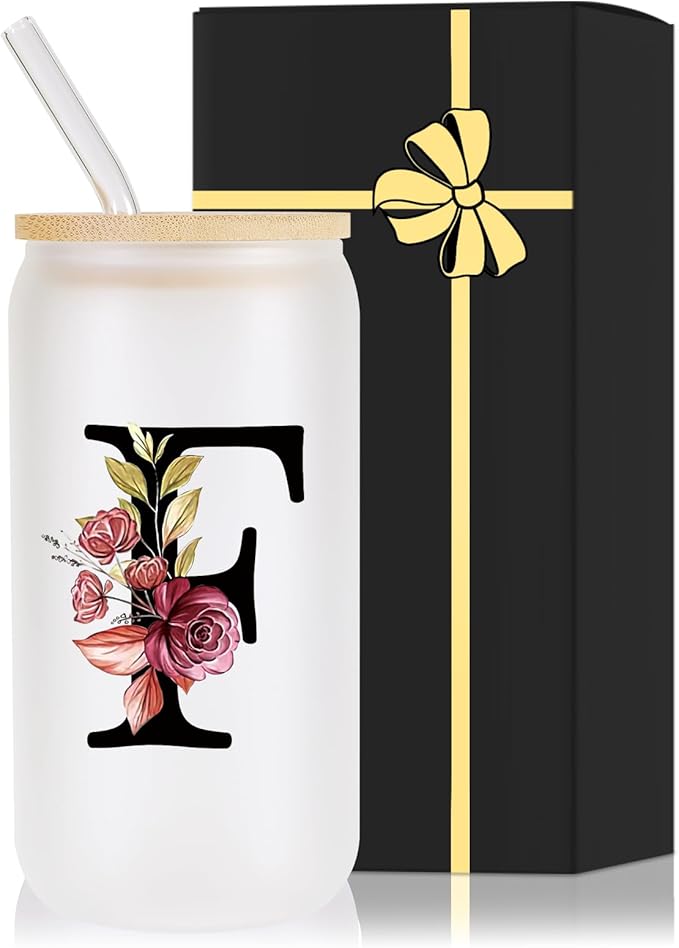 Monogrammed Glass Drinking Cup With Lid Straw Women Gift Flight Attendant Pet Sitter Secretary Hairdress Caregiver Musicians Dancer Cheerleaders Hairstylist Nanny Hair Stylist Nail Technician,F