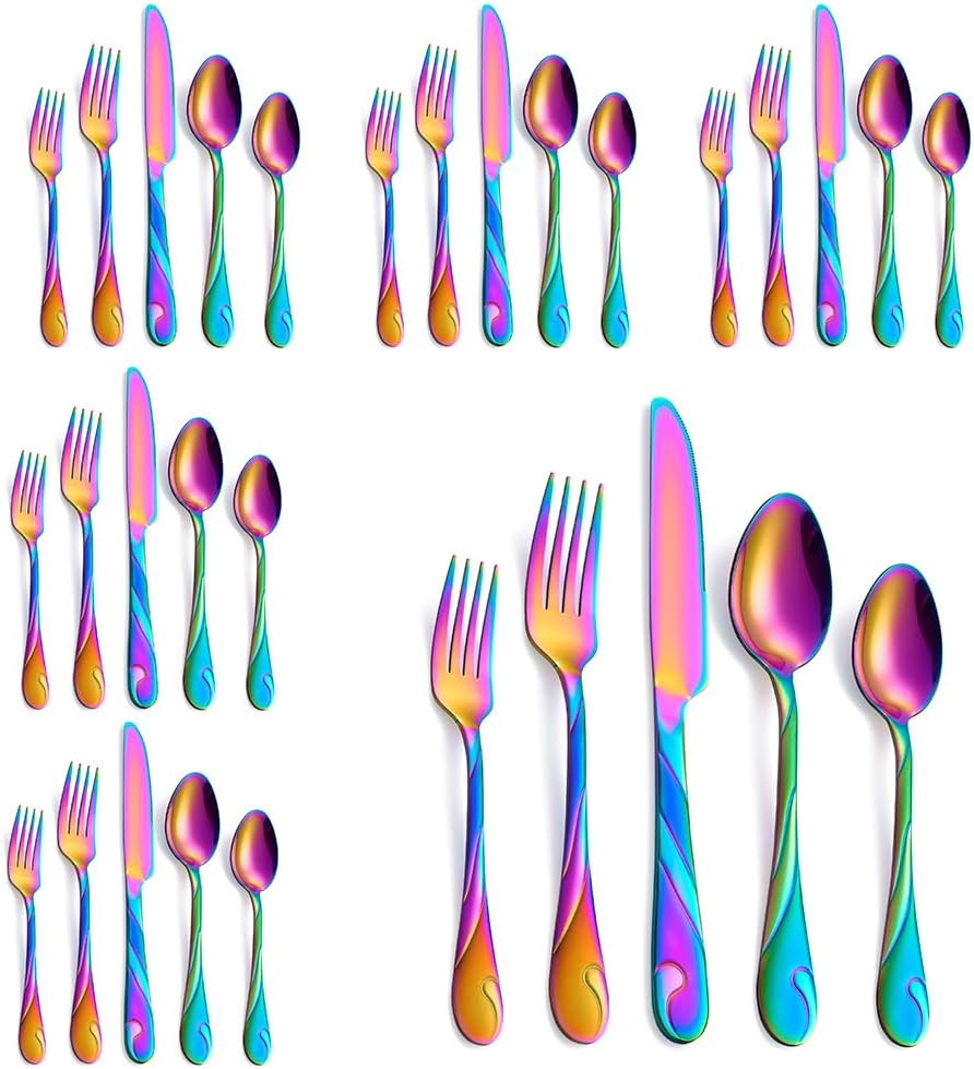 Rainbow Silverware Set for 6, 30-Piece Stainless Steel Flatware Set, Shiny Rainbow Metal Cutlery Set, Include Fork, Knife and Spoon Set, Dishwasher Safe