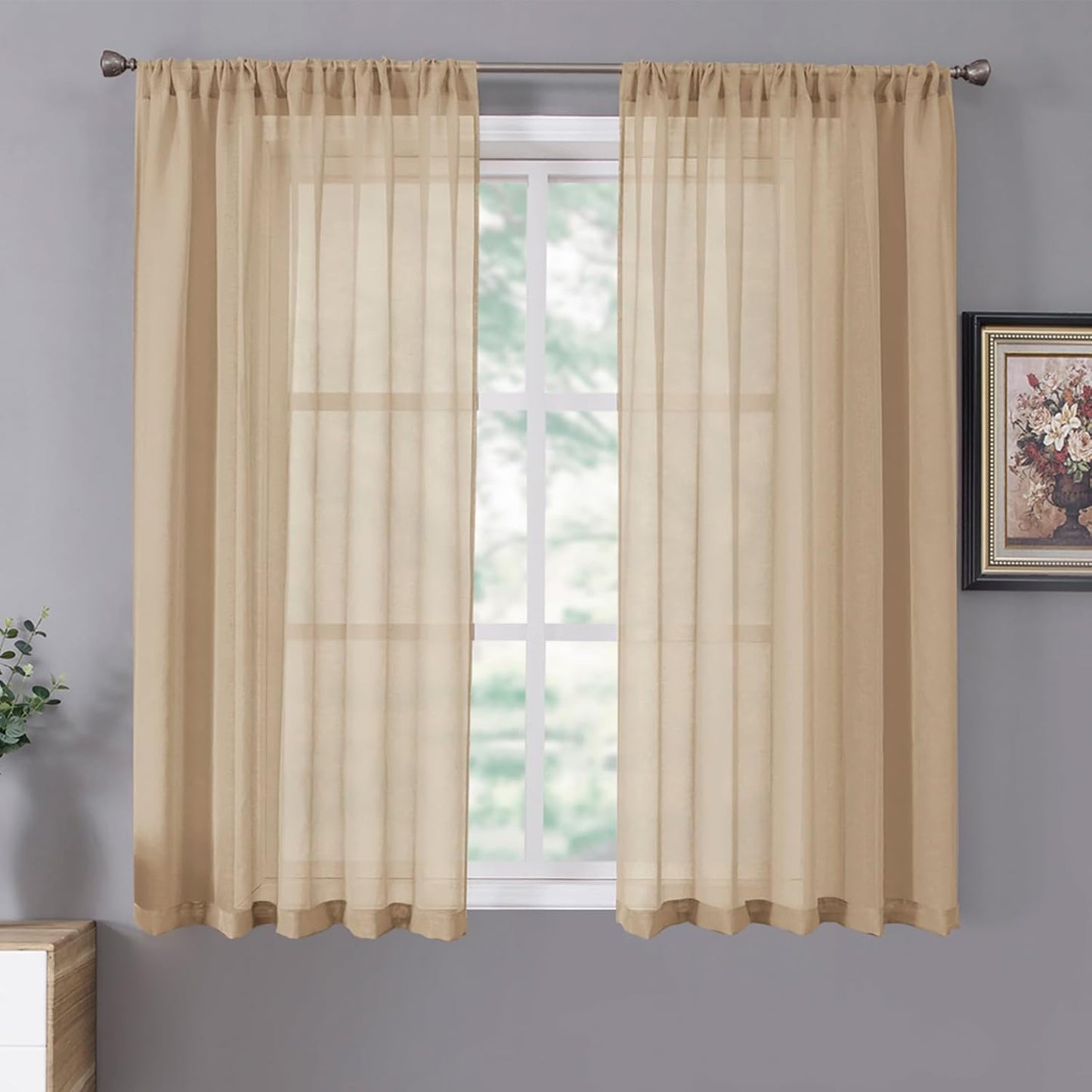 Tollpiz Short Sheer Curtains Linen Textured Living Room Curtain Sheers Light Filtering Rod Pocket Voile Curtains for Bedroom, 42 x 45 inches Long, Beige, Set of 2 Panels