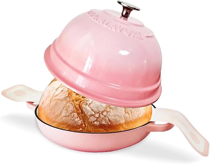 Dutch Oven for Bread Baking,6 Quart Enamel Bread Oven for Sourdough,10.5"Bread Oven with Lid,Bread Pans for Homemade Bread,Pink Thick Enamel Bread Pan-with Silicone Baking Mat&Recipe,Gifts for Family
