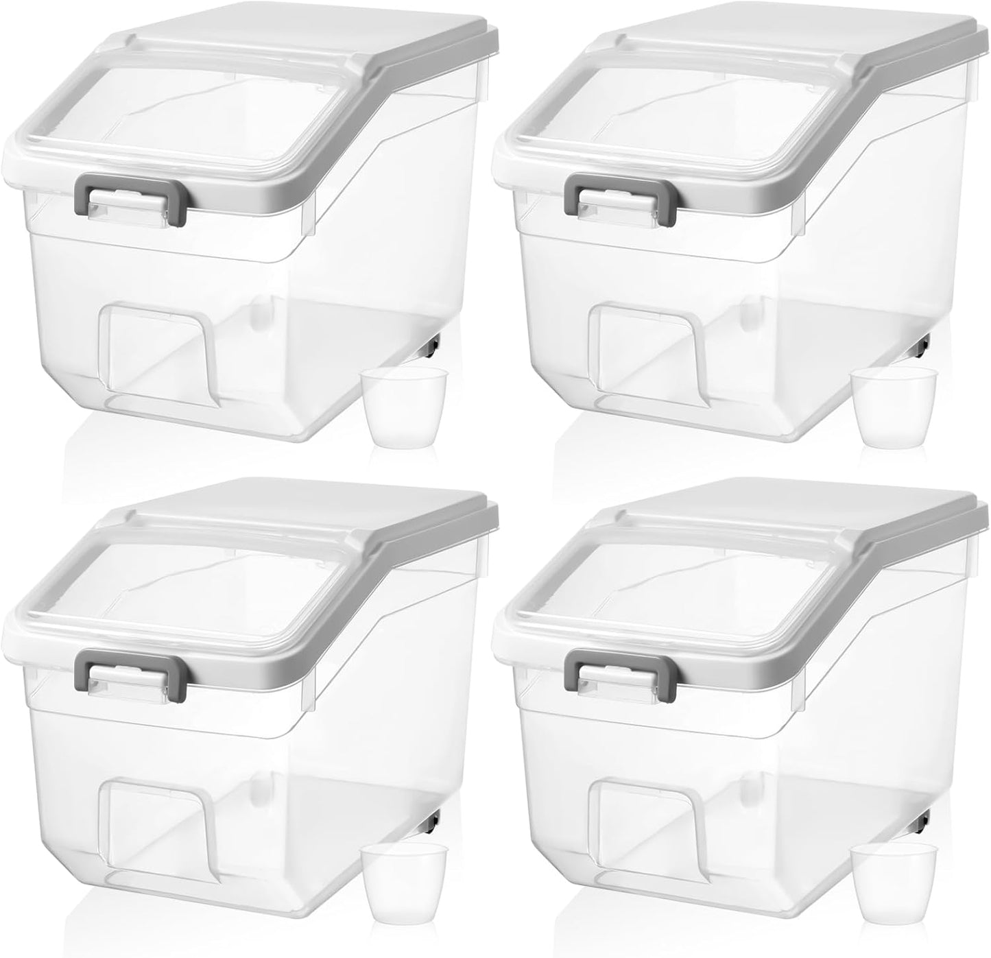 Sunnyray 4 Pcs Rice Storage Container 28 lb Airtight Flour Container with Wheels Measuring Cup Clear Pet Food Cube Dog Birds Cat Food Bin Grain Cereal Organizer Box for Dry Baking Supplies(White Lid)