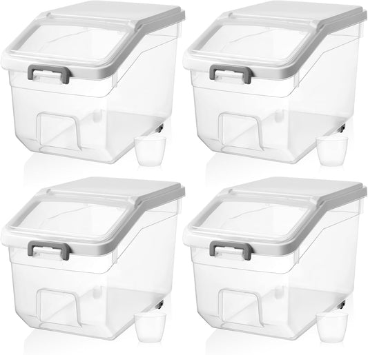 Sunnyray 4 Pcs Rice Storage Container 28 lb Airtight Flour Container with Wheels Measuring Cup Clear Pet Food Cube Dog Birds Cat Food Bin Grain Cereal Organizer Box for Dry Baking Supplies(White Lid)