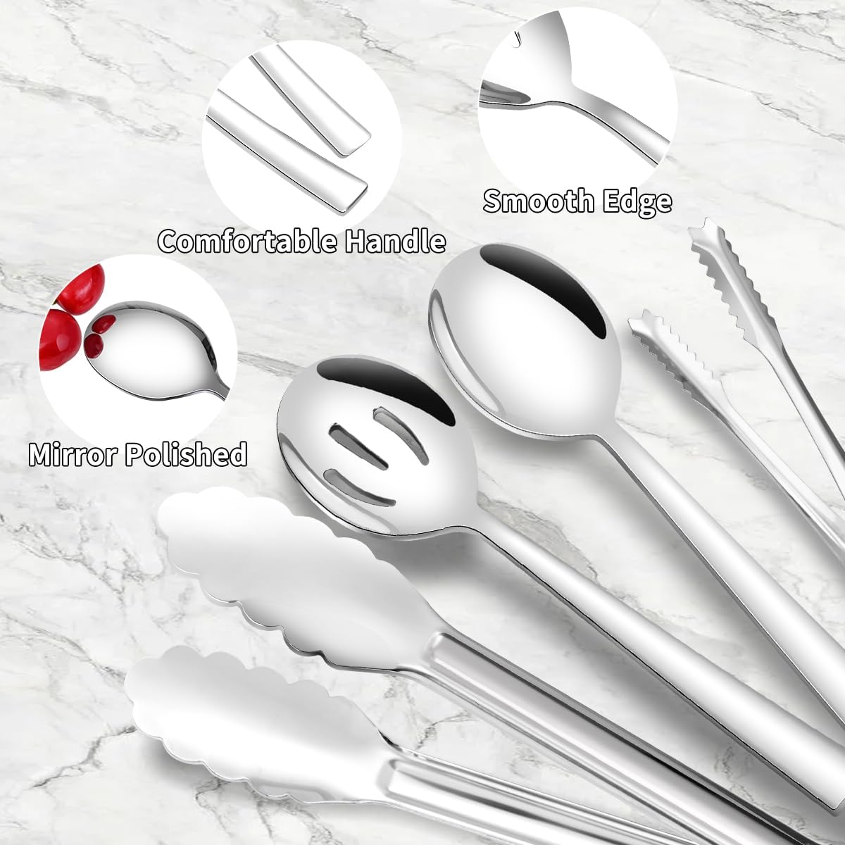 12 Piece Serving Utensils Set, Amafox Stainless Steel Kitchen Utensils Include Spoons, Slotted Spoons, Appetizer Tongs, Ice Tongs, Mirror Polished Utensils Set for Party, Dishwasher Safe (Silver)