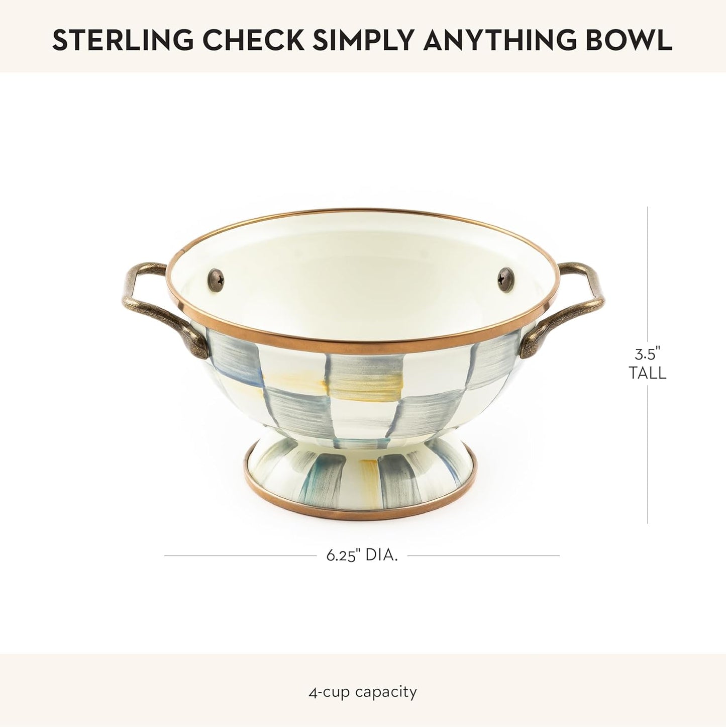 MACKENZIE-CHILDS Enamel Bowl, Serving Bowl for Entertaining, Simply Anything Bowl, Gray-and-White Sterling Check