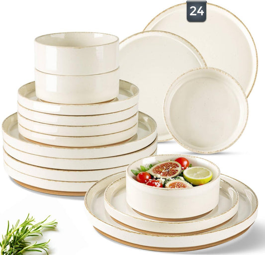 AmorArc Ceramic Dinnerware Sets for 8, 24 Pieces Handpainted Plates and Bowls Set with Rustic Terracotta Underside, Scratch Resistant Stoneware Dishes Set, Dishwasher & Microwave Safe