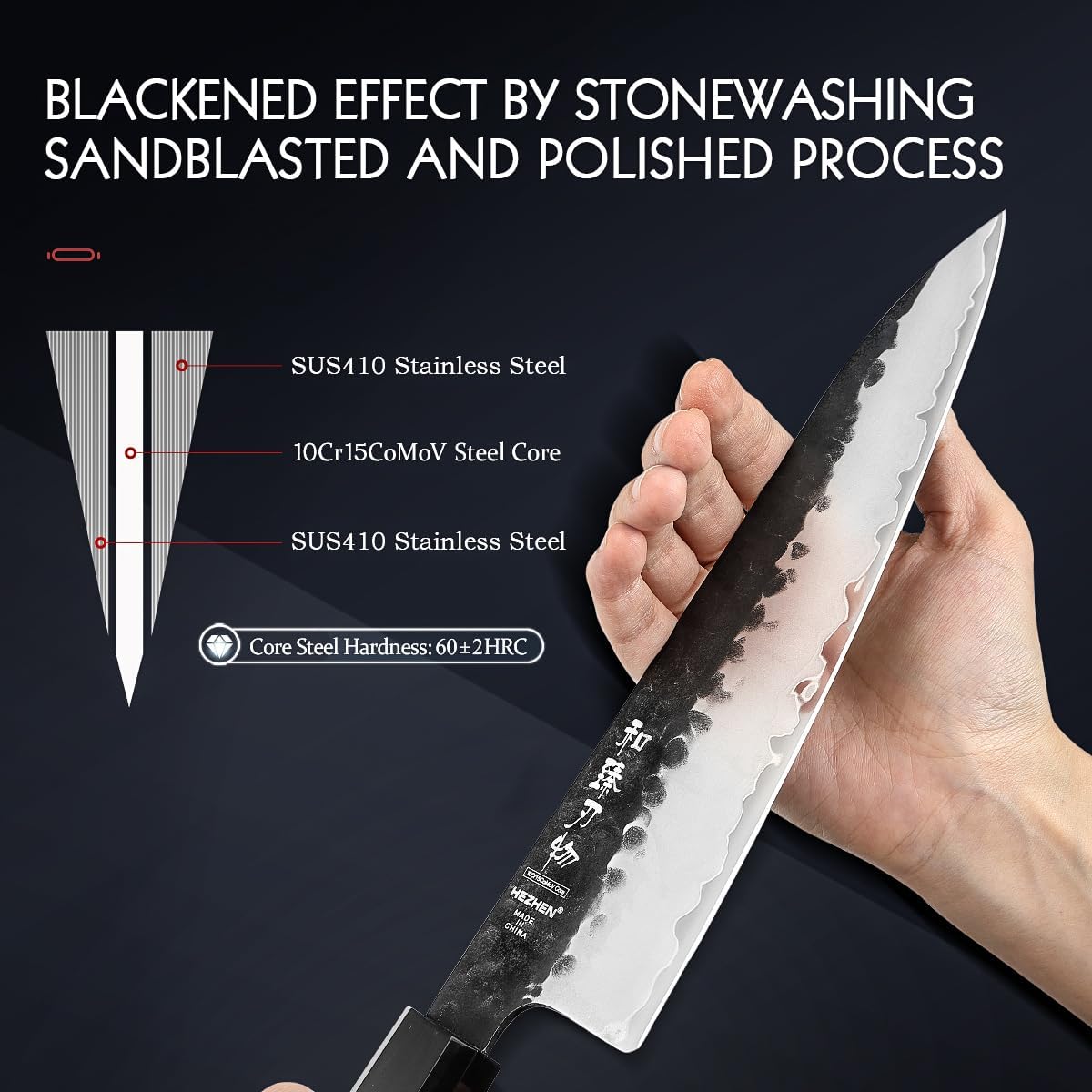 HEZHEN Kitchen Knife Set 4PCS, Clad Steel Chef Knife Nakiri Forged Steel Santoku, Wooden Octagonal Handle