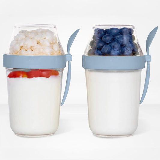 Felli On the Go Yogurt Parfait Snack Cup with Lid 100% Leak Proof, Reusable Travel Container with Spoon + Fruit & Granola Holder for To Go Cereal, Overnight Oats, Chia Pudding Jar (2, Blue Moon)