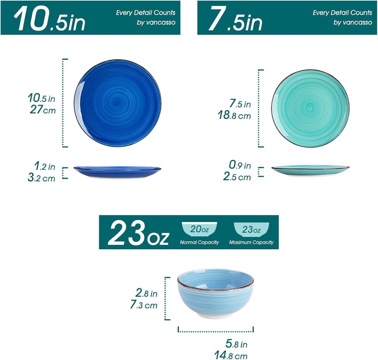 vancasso Bonita Dinnerware Set Blue Stoneware 18 Pieces Service for 6, Handpainted Spirals Pattern Stoneware Plates and Bowls Set