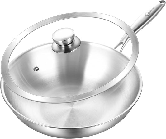 LOLYKITCH 12 Inch Tri-Ply Stainless Steel Wok Pan with Lid,Induction Stir-Fry Pan,Dishwasher and Oven Safe,Heavy Duty and Detachable Handle