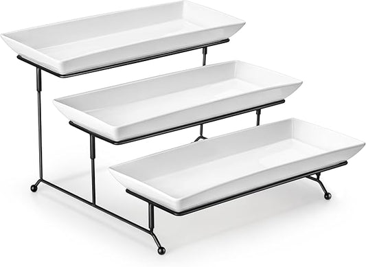 MALACASA 3 Tier Serving Tray, Porcelain Tiered Cupcake Stand, Ceramic Elevated Serving Platter with Collapsible Sturdier Rack,Series PLAT (White, 14 Inch)