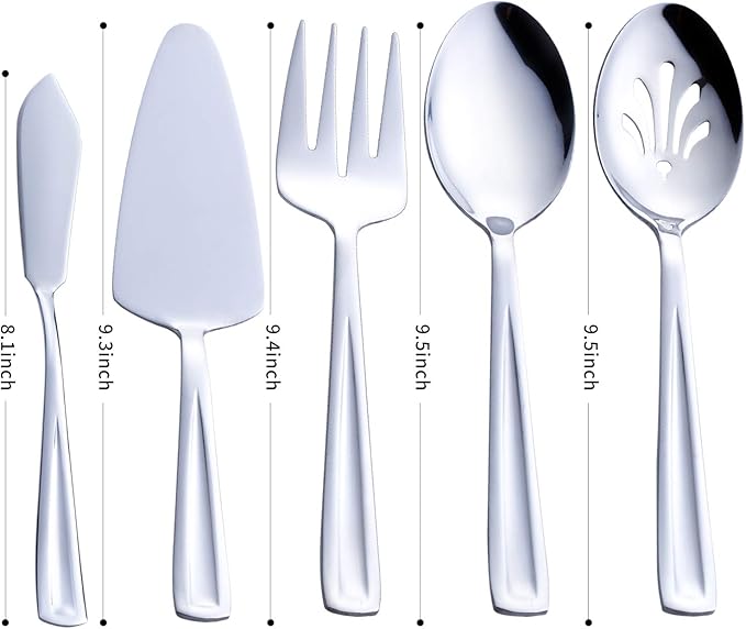 Hostess Serving Utensil Set, GoGeiLi 5-Piece Stainless Steel Flatware Silverware Serving Set, Include Pie Server, Serving Spoon, Slotted Serving Spoon, Serving Fork and Spreader Knife