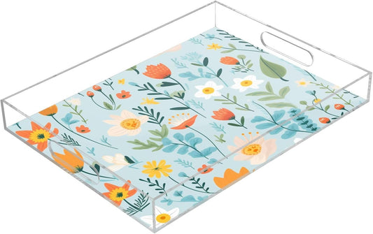 Acrylic Serving Tray with Handles Spill Proof Kitchen Storage Tray Clear Decorative Tray Makeup Drawer Organizer Storage Tray for Bathroom Living Room Ottoman 15.7x11.8Inches