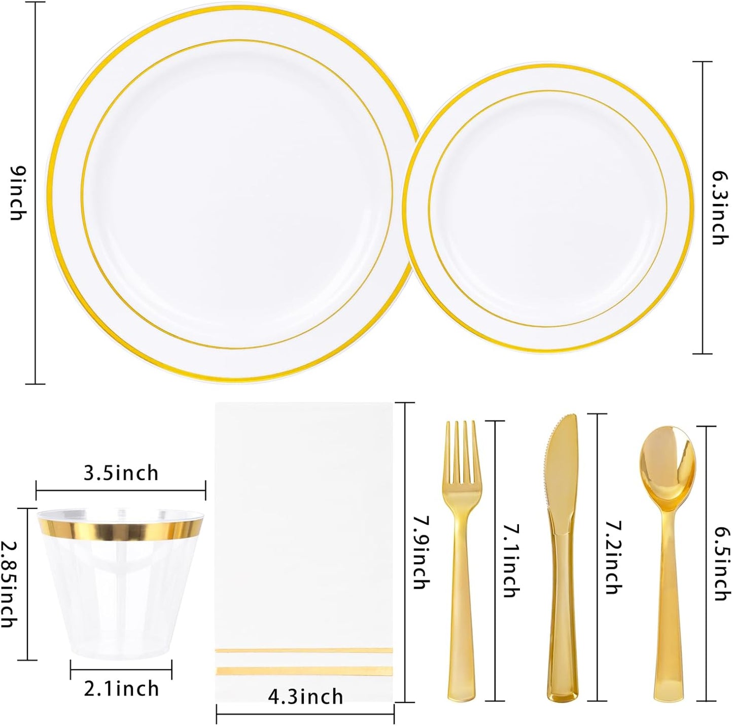 GATHER 700PCS Gold Plastic Plates - Whtie and Gold Disposable Dinnerware Sets 100Guest - 200 Disposable Plate, 300 Plastic Silverware, 100 Cups, 100 Napkins for Wedding & Party & Thanksgiving