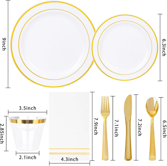 GATHER 700PCS Gold Plastic Plates - Whtie and Gold Disposable Dinnerware Sets 100Guest - 200 Disposable Plate, 300 Plastic Silverware, 100 Cups, 100 Napkins for Wedding & Party & Thanksgiving