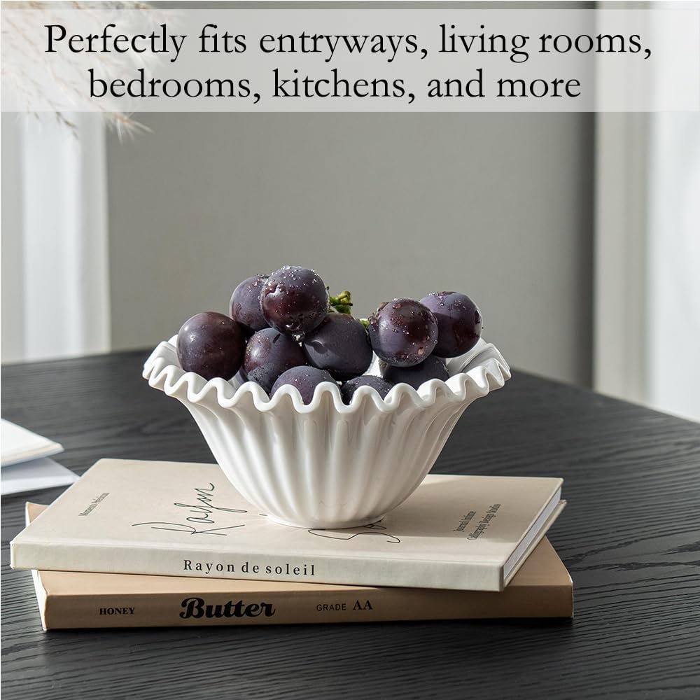 HandCrafted Decorative Bowl, 5.5 inch White Ruffle Flower Bowl Porcelain Vintage Ring Dish Floral Bowl for Home Decor Ruffle Centerpiece Bowl, White