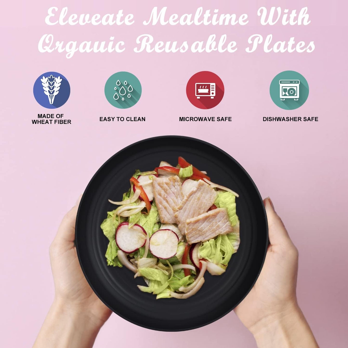 Wrova Wheat Straw Plates - 10 Inch Unbreakable Dinner Plates Set of 8 - Dishwasher & Microwave Safe Plastic Plates Reusable - Lightweight Plate for kitchen,camping (Pure Black)