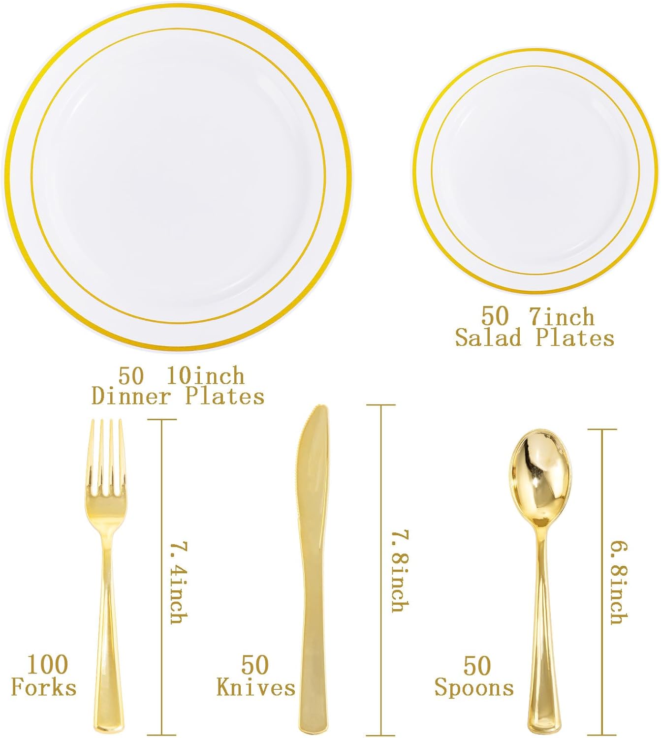 I00000 300 Pcs Gold Plastic Plates for 50 Guests.Disposable Dinnerware for Party,Plastic Dinnerware Set of 100 Plates,200 Gold Silverware Set(50 Spoons,50 Knives,100 Forks)