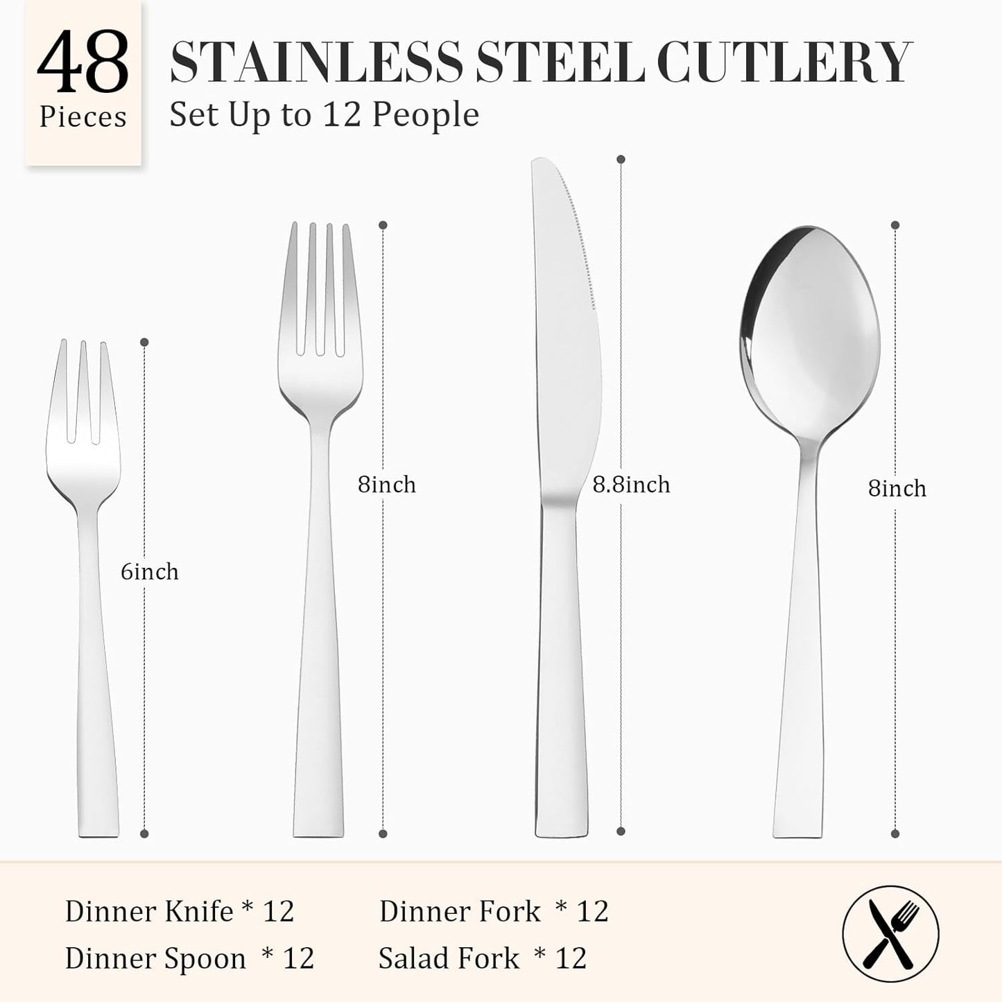 48 Piece Silverware Flatware Cutlery Set, Stainless Steel Utensils Service for 12, Include Knife Fork Spoon, Mirror Polished, Dishwasher Safe