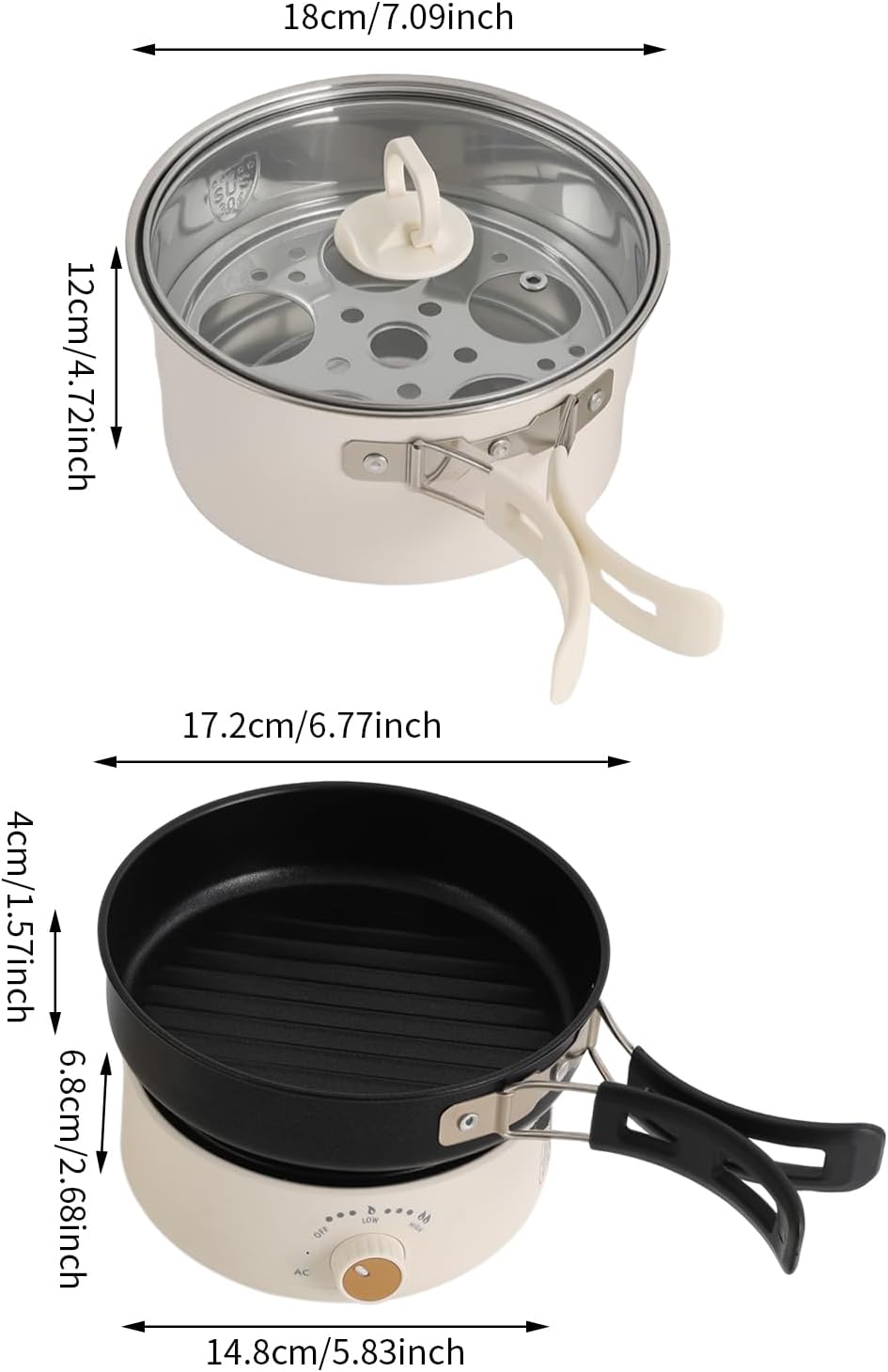 500W 0.42 Gal Portable Electric Hot Pot with Foldable Handles, Multi-function Non-stick Mini Cooker for Ramen Soup Pasta Steak, Power Adjustment & 110V Personal Travel Hot Pot Cooker (White)