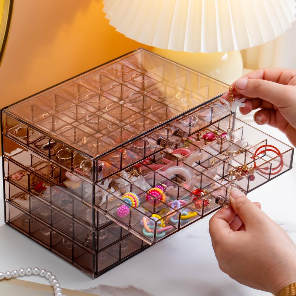 Earring Storage Box Organizer, Acrylic Jewelry Storage Box Holder 5 Drawers Transparent Jewelry Display Stand with 120 Small Compartments Gift Boxes for Women Girls (Clear Purple Brown)