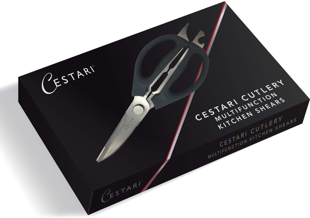 Kitchen Scissors: Heavy Duty Stainless Steel Utility Kitchen Shears for Poultry, Vegetables, Meat, Seafood, Herbs | Multi-Function Cooking Scissors with Large Black Soft Grip Handles by Cestari