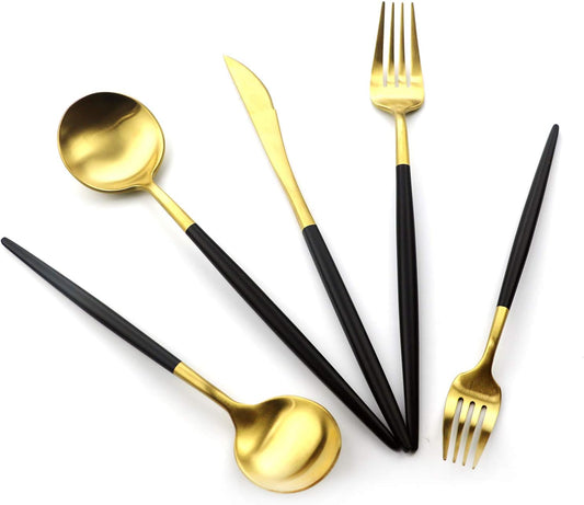 Gugrida Luxury Flatware, Royal 5 Piece Matte Black Handle 18/10 Stainless Steel Tableware Sets for 1 Including Forks Spoons Knives, Camping Silverware Travel Utensils Set Cutlery (Black Silver)