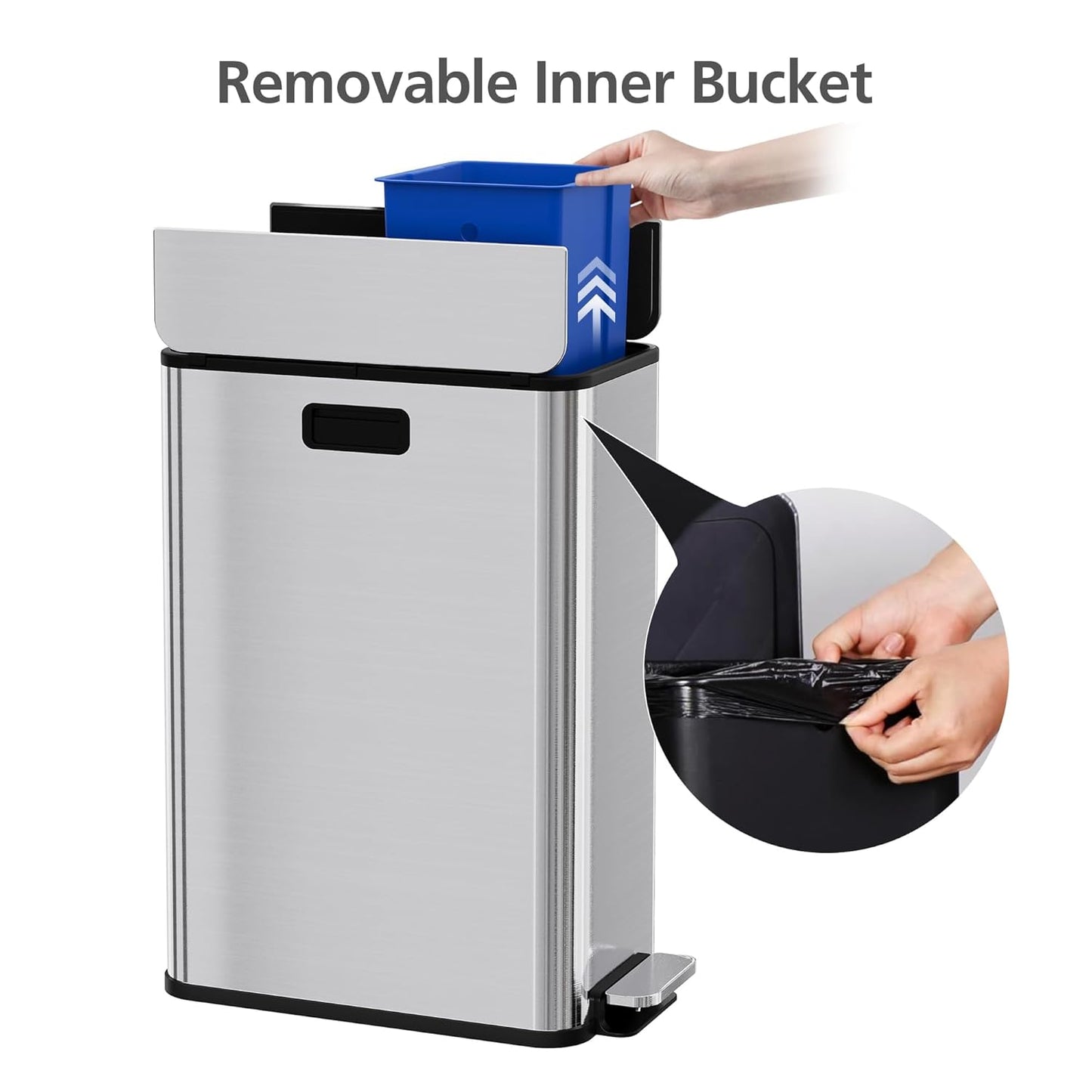 Garvee Kitchen Dual Trash Can, 15 gal Large Recycling Bin Garbage Can with Butterfly Lid, Fingerprint Resistant Stainless Steel Trash Bin for Kitchen, Living Room, Office (2 x 28 L)